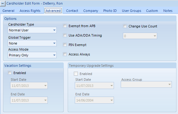 Cardholders Advanced Tab